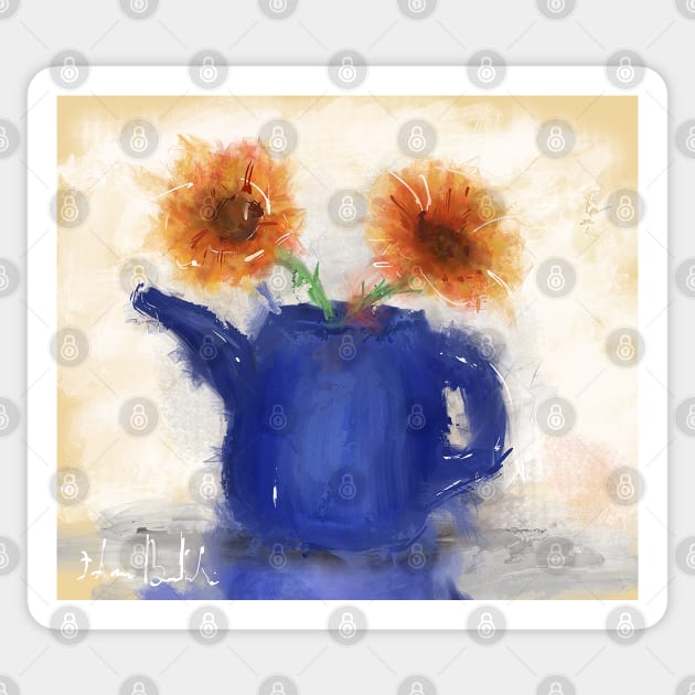 An Artistic Painting of a Blue Watering Can with 2 Orange Flowers Sticker by ibadishi